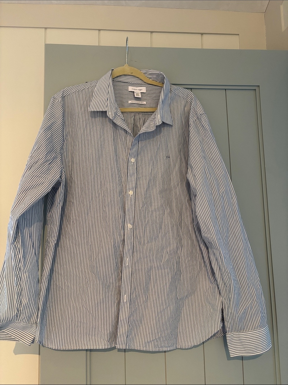 Calvin Klein Blue and White Striped Cotton Button-Down Shirt